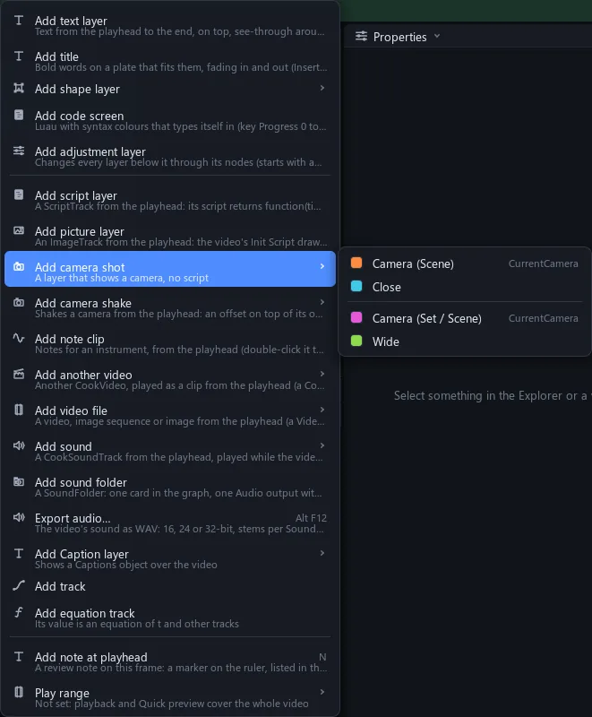 The Cook's add menu: text, title, shape, code screen, adjustment, script, picture, camera shot, camera shake, note clip, another video, video file, sound, sound folder, caption, tracks