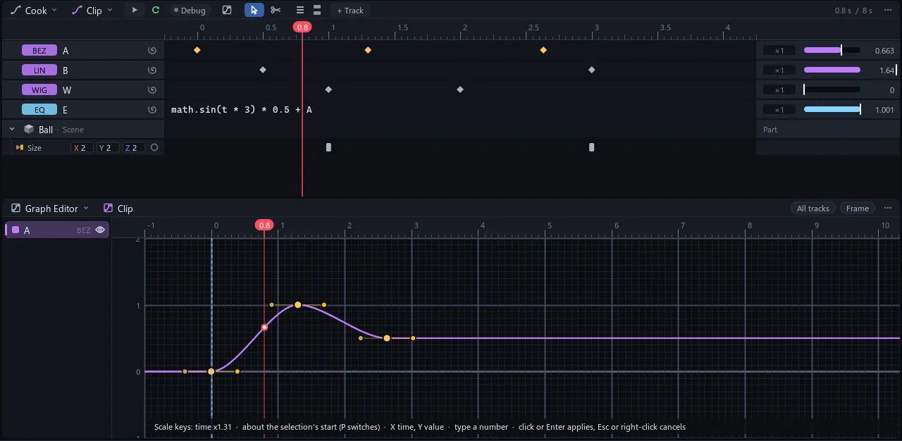 The Cook window with curve, linear, wiggle and equation tracks over the Graph Editor