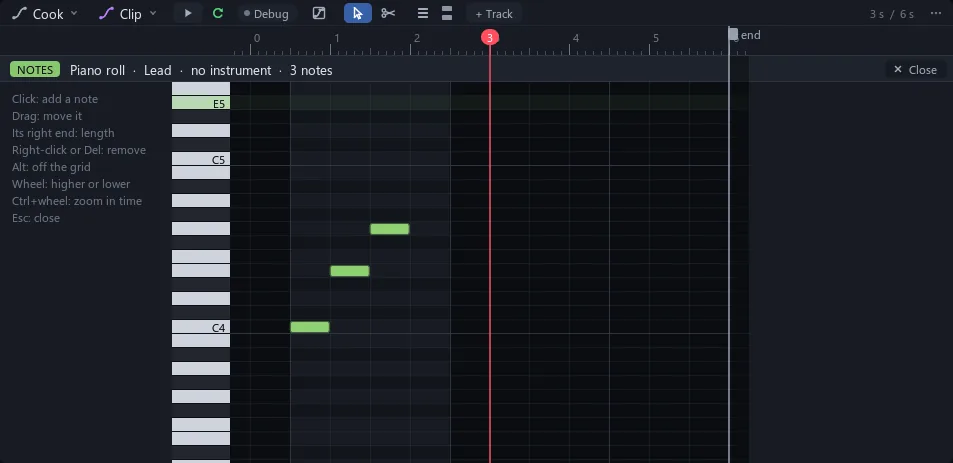 The piano roll panel over the Cook rows
