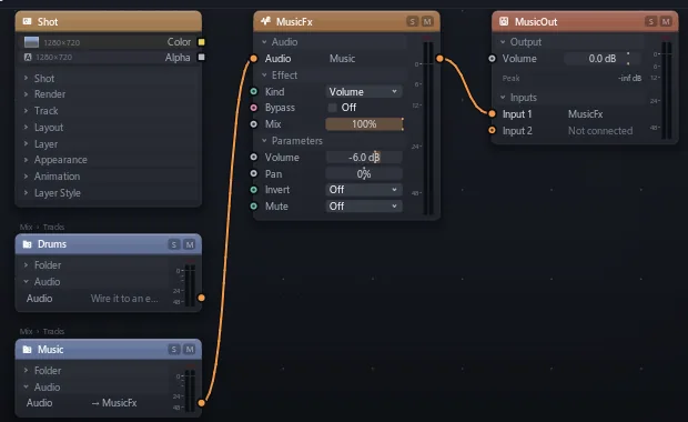 Two sound folders, one through an effect, into an output