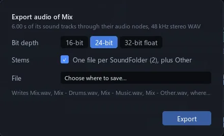 Export audio: bit depth, one file per sound folder
