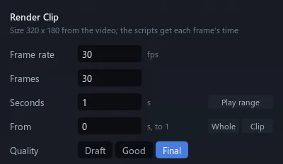 Render dialog: frame rate, frames, seconds, from, quality