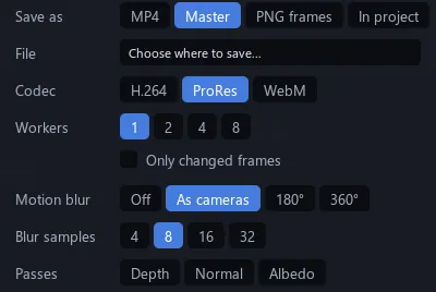 Render dialog: save as, codec, workers, motion blur, blur samples, passes