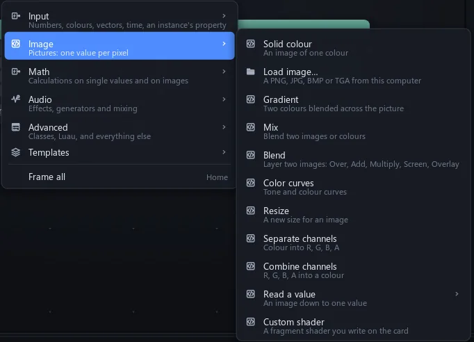 The Add menu open on Image: solid colour, load image, gradient, mix, blend, curves, resize and more