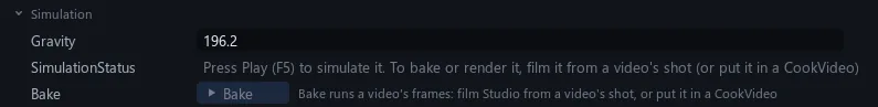 The scene's Simulation rows: gravity, status and the Bake button