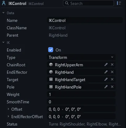 IKControl rows: type, chain root, end effector, target, pole, weight