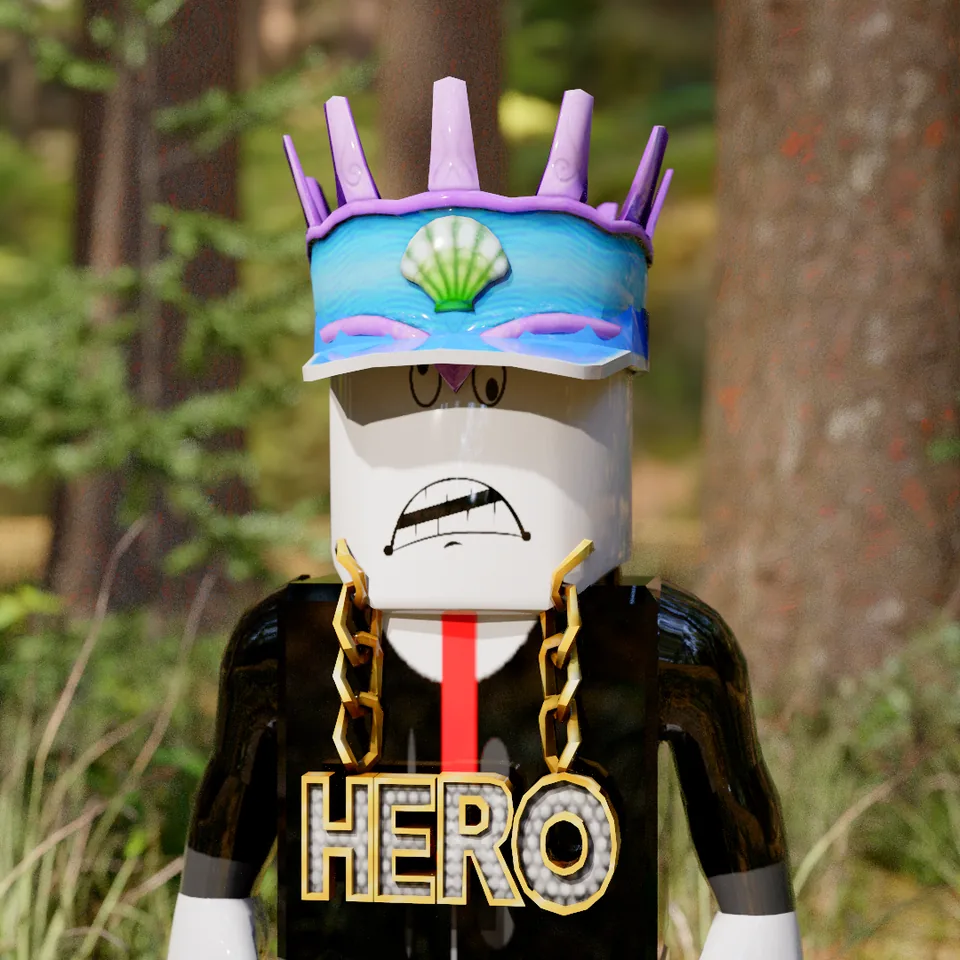 A Roblox character in a sunlit forest, path traced, the trees reflected on its glossy face