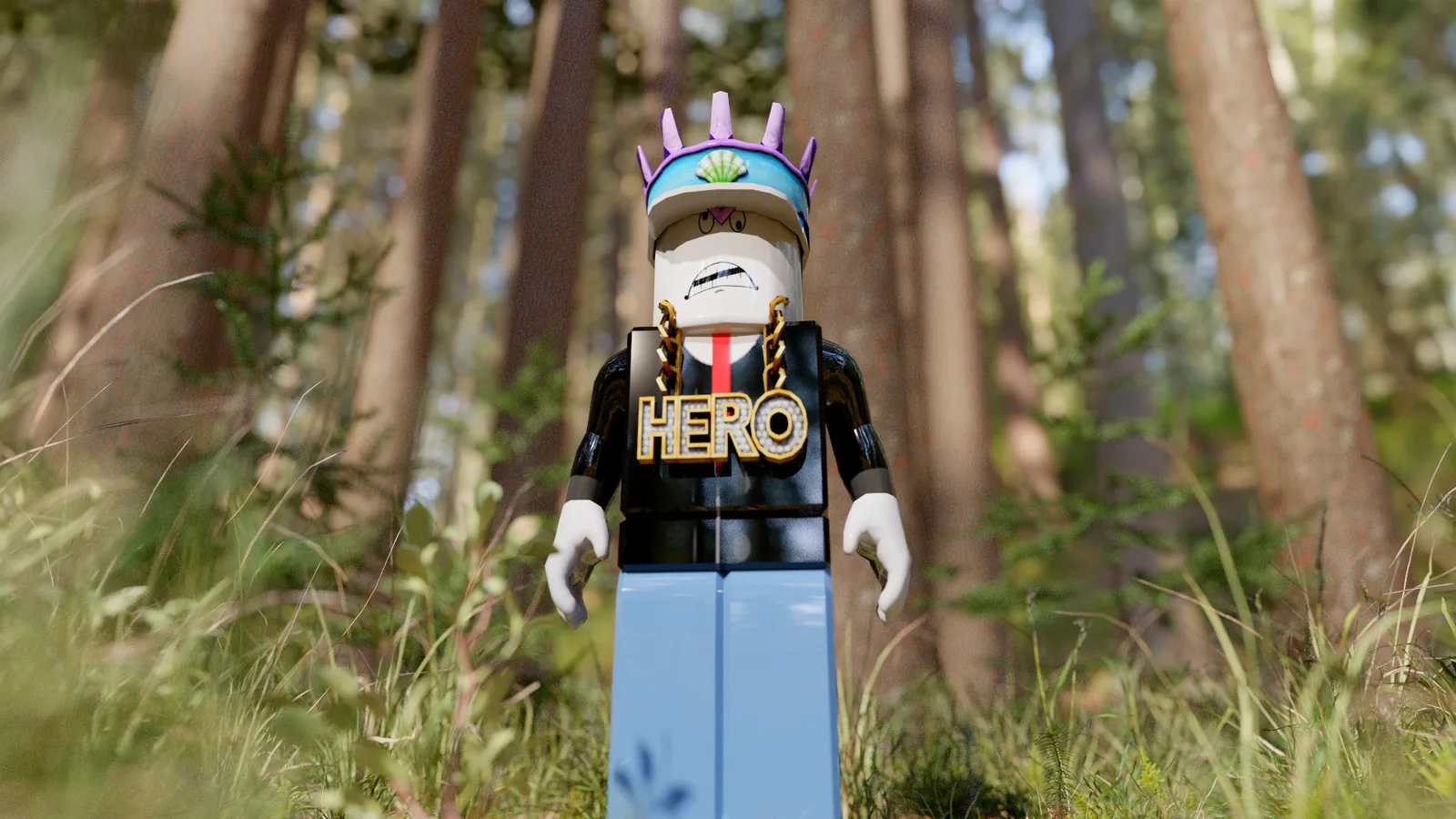 A Roblox character standing in tall grass among pine trees, seen from low down, path traced
