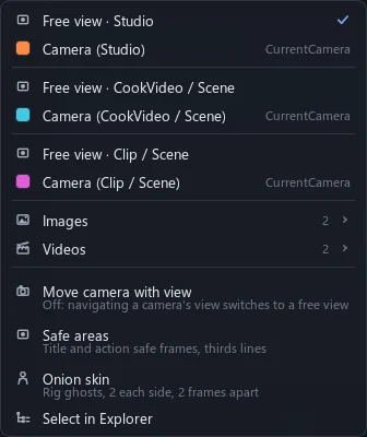 The view menu: free views and cameras per scene, images, videos, safe areas, onion skin