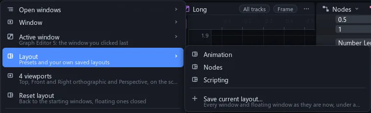 View, Layout: Animation, Nodes, Scripting, Save current layout