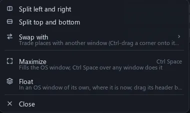 The window menu: split, swap, maximize, float, close