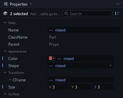 Properties with two parts selected, values shown as mixed