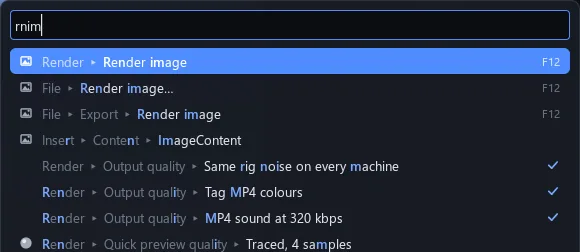The command palette finding Render image from rnim